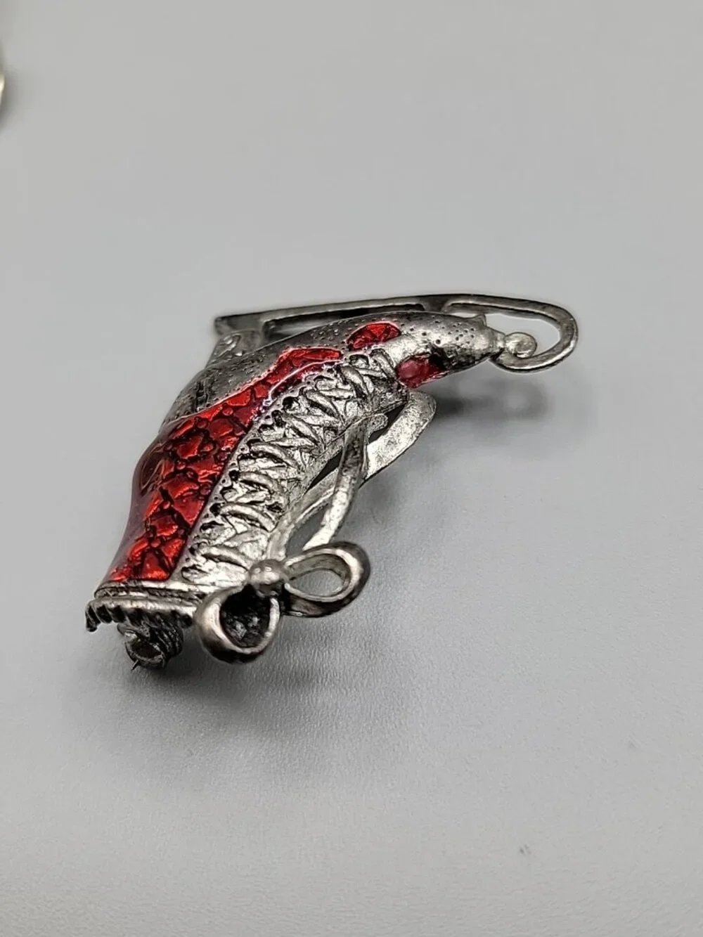 Vintage Red & Silver Tone Ice Skate Brooch Laced Up With Bow